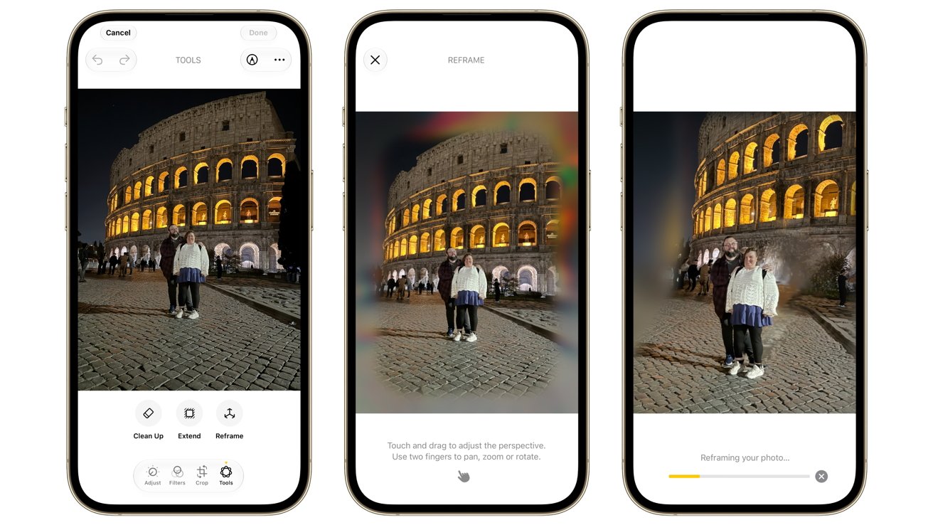 Three smartphone screens show a photo editing app adjusting a nighttime photo of a person standing before a brightly lit ancient colosseum, with tools and progress bar displayed.