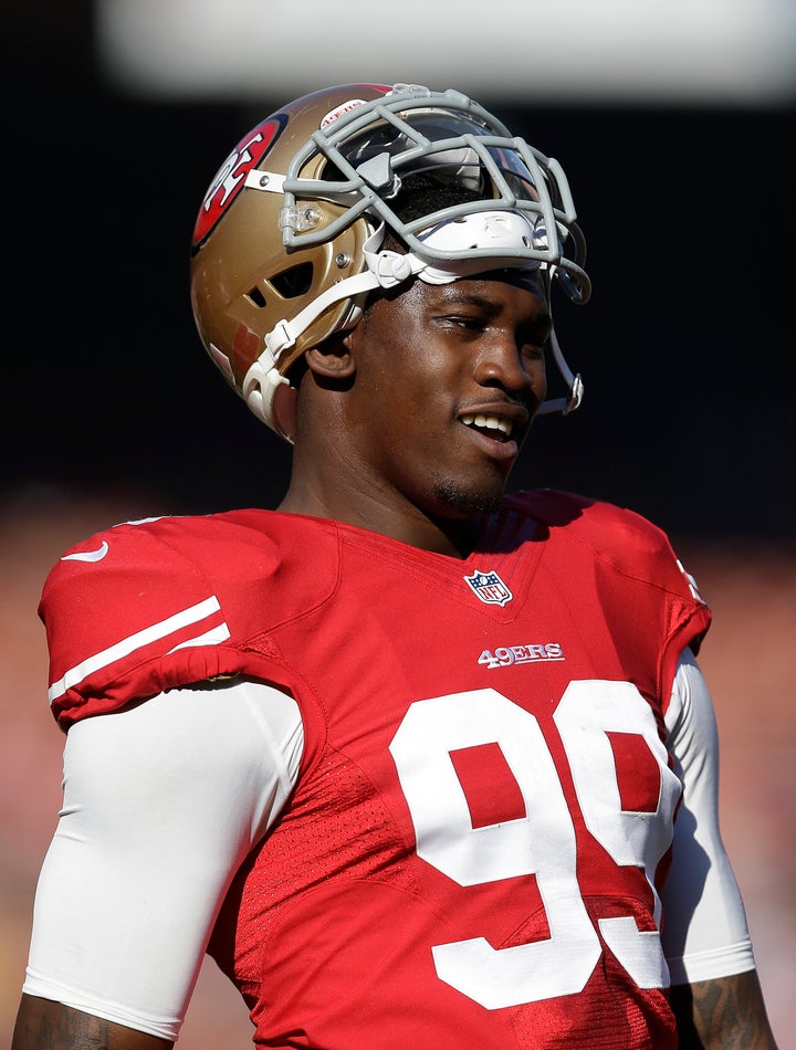 San Francisco 49ers linebacker Aldon Smith (99) warms up before an NFL football game against the St. Louis Rams in San Francisco, Sunday, Dec. 1, 2013. (AP Photo/Marcio Jose Sanchez)