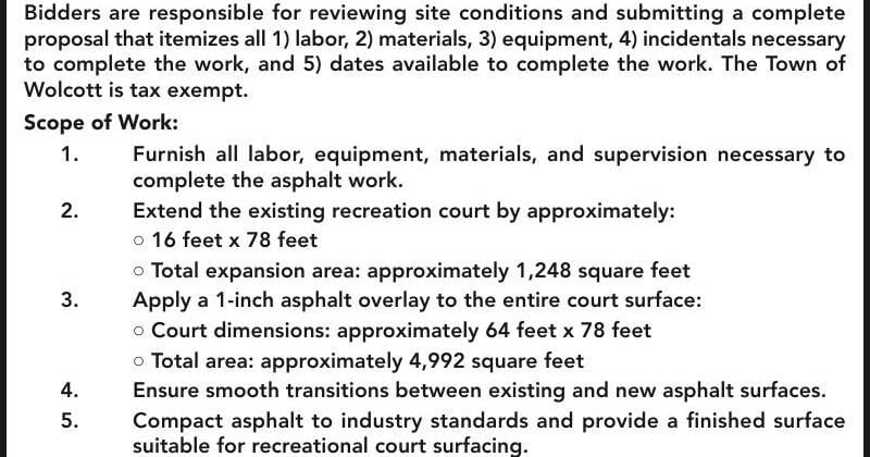 Town of Wolcott Request for Proposals RE Asphalt Paving - Vermont Community Newspaper Group