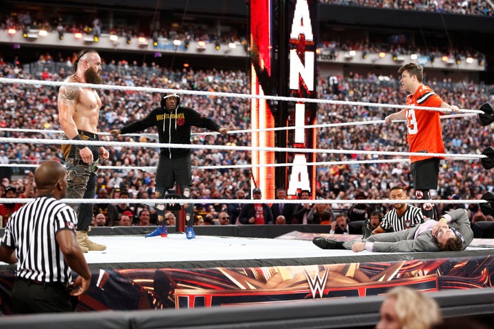 Braun Strowman battles Che and Jost at WWE WrestleMania at Met Life Stadium on April 7, 2019, in East Rutherford, New Jersey.