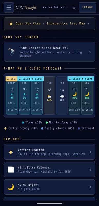 A dark-themed app screen shows a 7-day Milky Way and cloud forecast, including sky clarity, temperature, and moon phase. There are sections for exploring sky maps, darker sky locations, and upcoming MW nights.