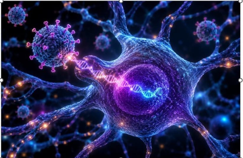 Conceptual illustration of AAV9-mediated delivery of the WWOX gene to neurons, representing the first clinical use of a gene replacement therapy designed to restore WWOX function in the brain of an infant with WOREE syndrome.