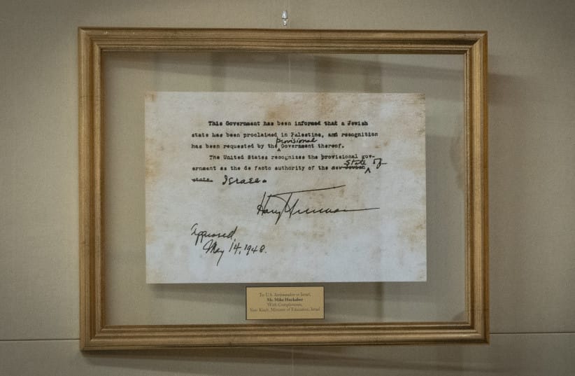 A telegram sent by president Harry S. Truman recognizing the State of Israel holds a place of pride on the wall of the ambassador’s Jerusalem office.