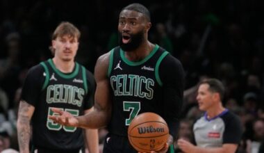 Boston Celtics guard Jaylen Brown (7) questions a call during Game 5 of a first-round NBA playoffs basketball series, Tuesday, April 28, 2026, in Boston.