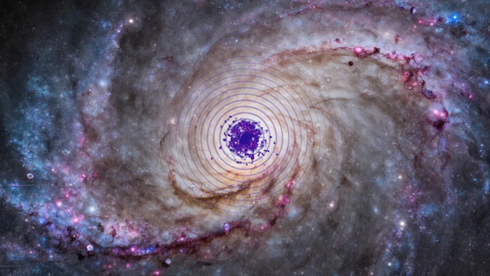 An illustration shows dark matter powering the heart of a spiral galaxy.