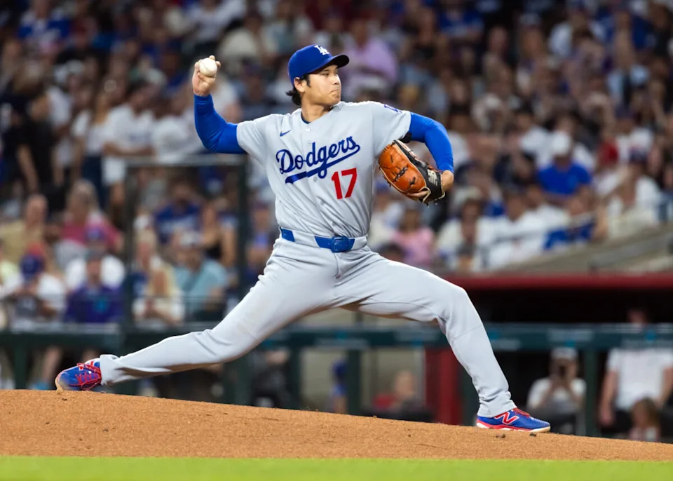 Jun 3, 2026; Phoenix, Arizona, USA; Los Angeles Dodgers pitcher Shohei Ohtani in the first inning against the Arizona Diamondbacks at Chase Field. Mandatory Credit: Mark J. Rebilas-Imagn Images