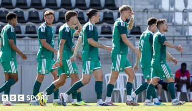 Northern Ireland players walk back to the halfway line while celebrating