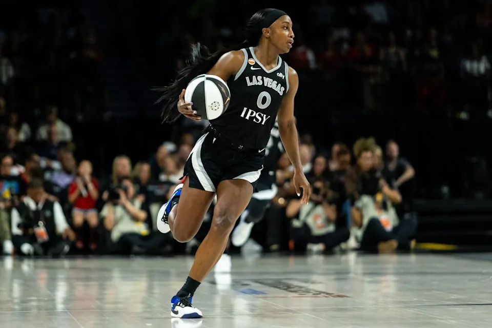 Las Vegas Aces guard Jackie Young (0) dribbles the ball up the court during a WNBA game between the Las Vegas Aces and the Seattle Storm, Monday June 8, 2026 in Las Vegas, Nev.