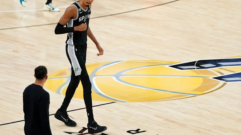 Jun 3, 2026; San Antonio, Texas, USA; San Antonio Spurs forward Victor Wembanyama (1) walks back up the court during the fourth quarter during game one against the <a class="link " href="https://sports.yahoo.com/nba/teams/new-york/" data-i13n="sec:content-canvas;subsec:anchor_text;elm:context_link" data-ylk="slk:New York Knicks;sec:content-canvas;subsec:anchor_text;elm:context_link;itc:0" data-yga="{"yLinkElement":"context_link","yModuleName":"content-canvas","yLinkText":"New York Knicks","ySubModuleName":"anchor_text","yHasCommerce":false}">New York Knicks</a> of the 2026 NBA Finals at Frost Bank Center. Mandatory Credit: Daniel Dunn-Imagn Images© Daniel Dunn-Imagn Images&period;
