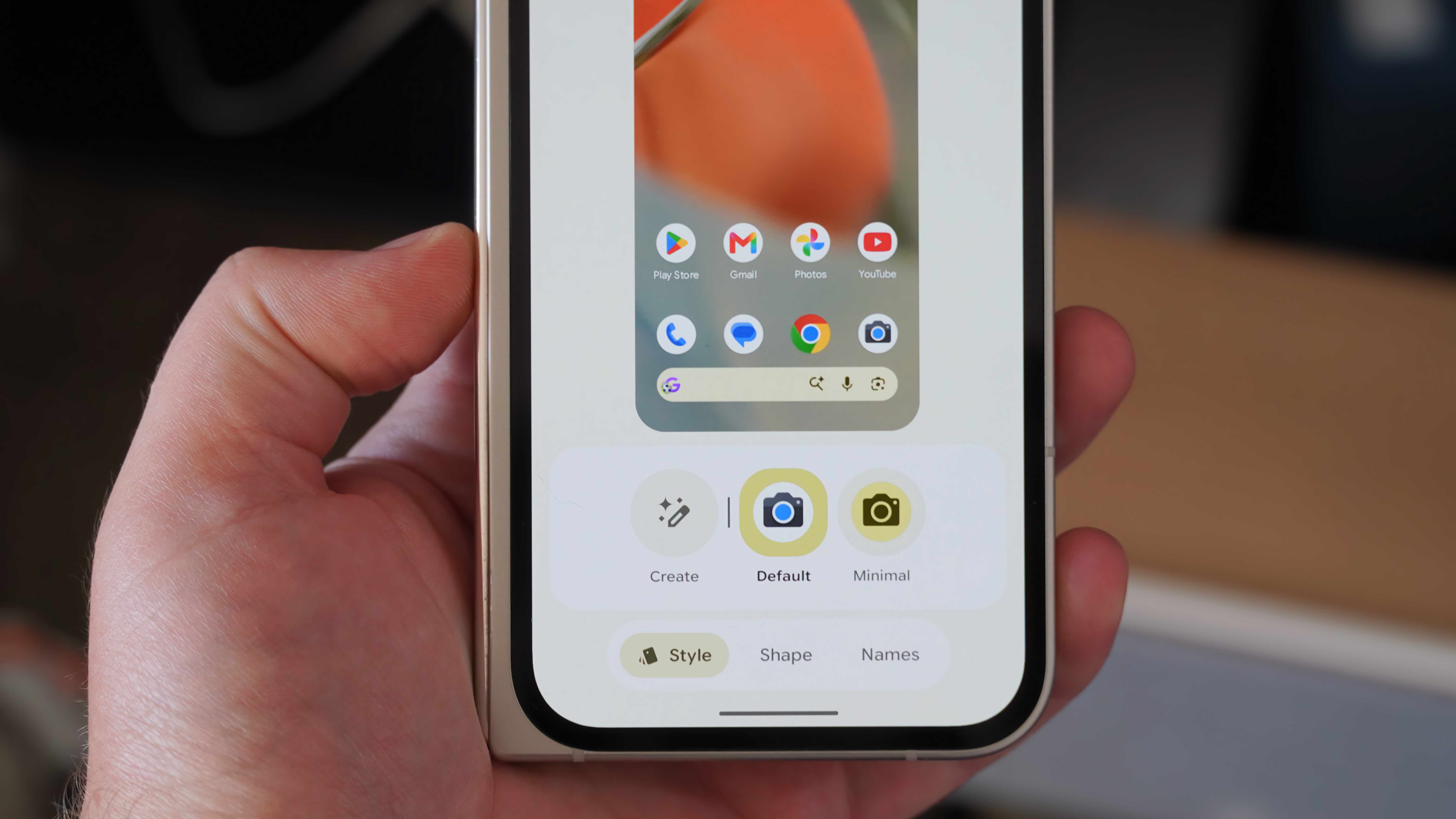 The Style, Shape, and Names settings in Android 17 on a Pixel 9 Pro Fold.