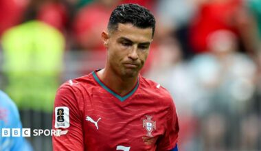 Cristiano Ronaldo of Portugal reacting to a missed chance