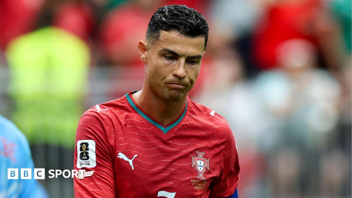 Cristiano Ronaldo of Portugal reacting to a missed chance