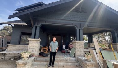 Morgan Sykes Jaybush outside the craftsman he and his team relocated from Hollywood to Altadena. He estimates it will be move-in ready this August.