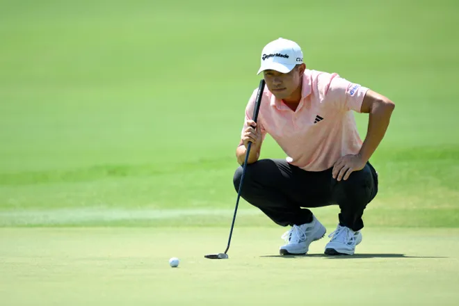 Collin Morikawa of the United States lines up a putt on the first green during the second round of the Cadillac Championship 2026 at Trump National Doral Miami on May 01, 2026 in Doral, Florida.
