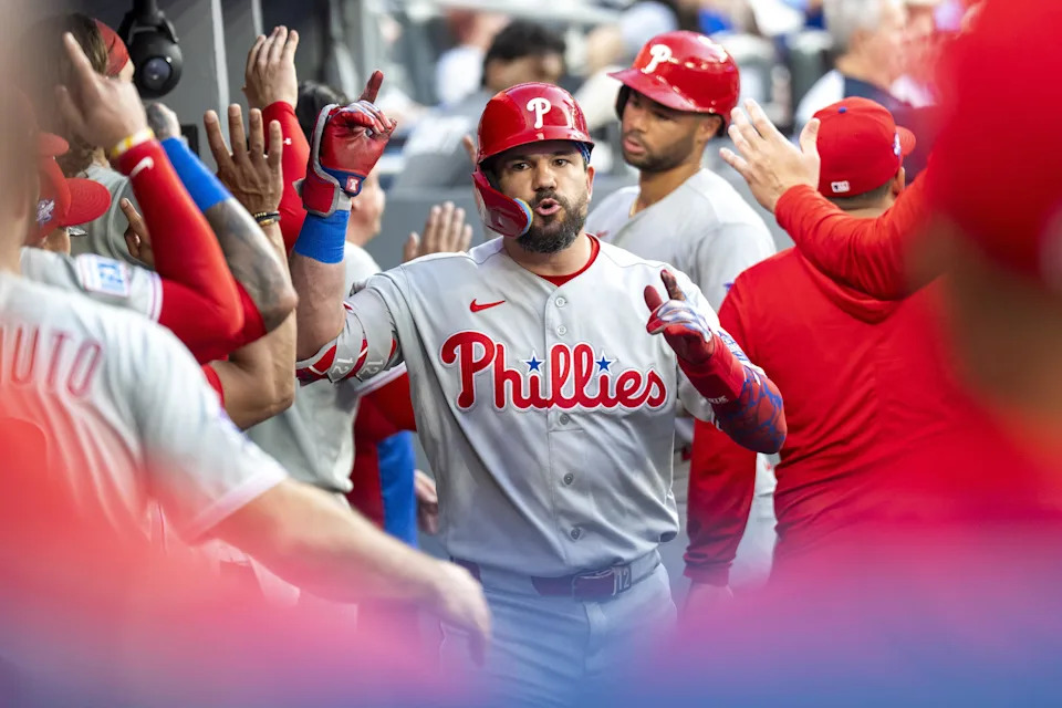 Jun 10, 2026; Toronto, Ontario, CAN; <a class="link " href="https://sports.yahoo.com/mlb/teams/philadelphia/" data-i13n="sec:content-canvas;subsec:anchor_text;elm:context_link" data-ylk="slk:Philadelphia Phillies;sec:content-canvas;subsec:anchor_text;elm:context_link;itc:0" data-yga="{"yLinkElement":"context_link","yModuleName":"content-canvas","yLinkText":"Philadelphia Phillies","ySubModuleName":"anchor_text","yHasCommerce":false}">Philadelphia Phillies</a> designated hitter <a class="link " href="https://sports.yahoo.com/mlb/players/9861/" data-i13n="sec:content-canvas;subsec:anchor_text;elm:context_link" data-ylk="slk:Kyle Schwarber;sec:content-canvas;subsec:anchor_text;elm:context_link;itc:0" data-yga="{"yLinkElement":"context_link","yModuleName":"content-canvas","yLinkText":"Kyle Schwarber","ySubModuleName":"anchor_text","yHasCommerce":false}">Kyle Schwarber</a> (12) celebrates hitting a home run against the <a class="link " href="https://sports.yahoo.com/mlb/teams/toronto/" data-i13n="sec:content-canvas;subsec:anchor_text;elm:context_link" data-ylk="slk:Toronto Blue Jays;sec:content-canvas;subsec:anchor_text;elm:context_link;itc:0" data-yga="{"yLinkElement":"context_link","yModuleName":"content-canvas","yLinkText":"Toronto Blue Jays","ySubModuleName":"anchor_text","yHasCommerce":false}">Toronto Blue Jays</a> during the fourth inning with teammates at Rogers Centre. Mandatory Credit: Kevin Sousa-Imagn Images | Kevin Sousa-Imagn Images