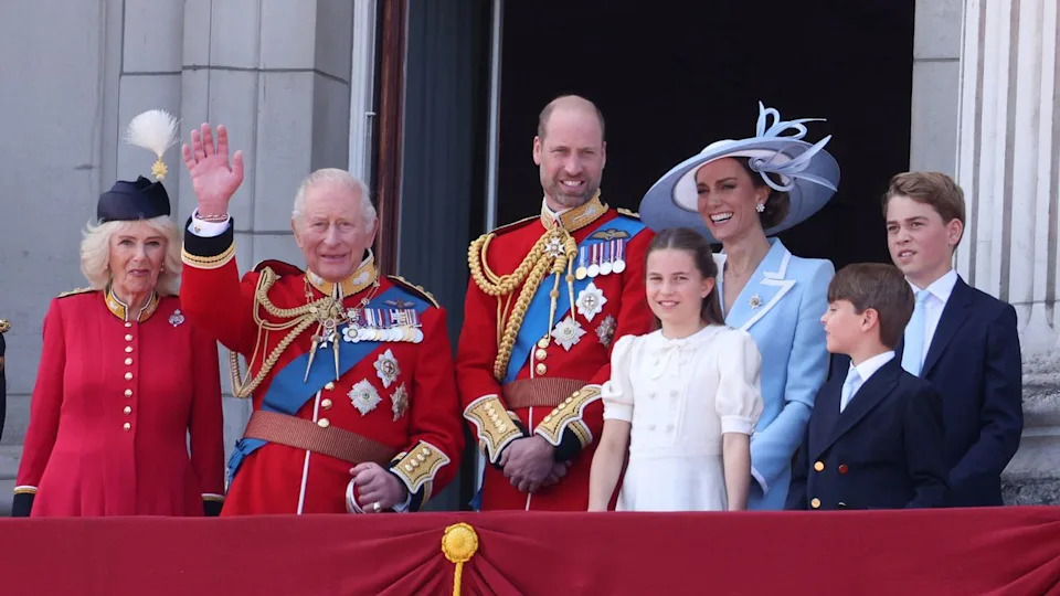L-R: Queen Camilla, King Charles, Prince William, Princess Charlotte, Kate Middleton, Prince Louis and Prince George on the balcony of Buckingham Palace during Trooping the Colour 2026 .