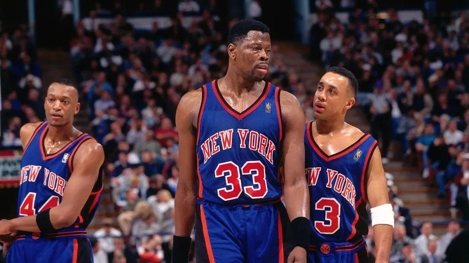 SACRAMENTO, CA - FEBRUARY 20: Patrick Ewing #33 and John Starks #3 of the New York Knicks talk against the <a class="link " href="https://sports.yahoo.com/nba/teams/sacramento/" data-i13n="sec:content-canvas;subsec:anchor_text;elm:context_link" data-ylk="slk:Sacramento Kings;sec:content-canvas;subsec:anchor_text;elm:context_link;itc:0" data-yga="{"yLinkElement":"context_link","yModuleName":"content-canvas","yLinkText":"Sacramento Kings","ySubModuleName":"anchor_text","yHasCommerce":false}">Sacramento Kings</a> on February 20, 1997 at Arco Arena in Sacramento, California. NOTE TO USER: User expressly acknowledges and agrees that, by downloading and or using this photograph, User is consenting to the terms and conditions of the Getty Images License Agreement. Mandatory Copyright Notice: Copyright 1997 NBAE (Photo by Rocky Widner/NBAE via Getty Images)Rocky Widner&sol;Getty Images