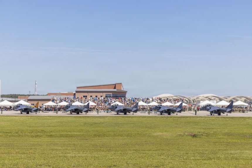 Marine Corps AV-8B Harrier II aircraft are staged in front of a crowd at Marine Corps Air Station Cherry Point, June 3, 2026.
