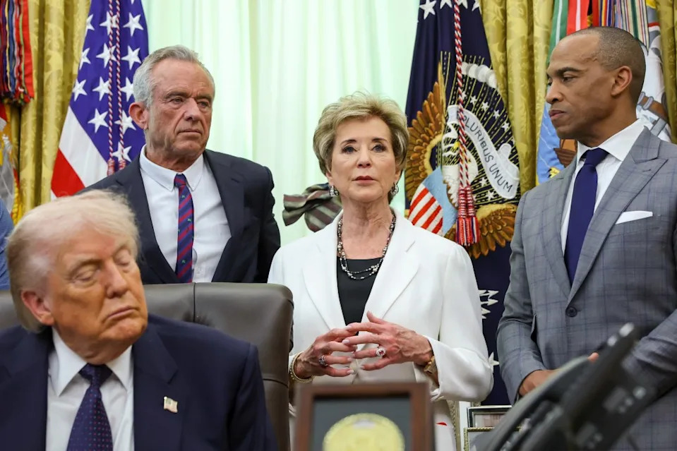 Education Secretary Linda McMahon, center, speaks alongside Health and Human Services Secretary Robert F. Kennedy Jr., left, and Housing and Urban Development Secretary Scott Turner, right, during a proclamation signing by U.S. President Donald Trump in the Oval Office of the White House on May 5 in Washington, D.C. (Photo by Anna Moneymaker/Getty Images)