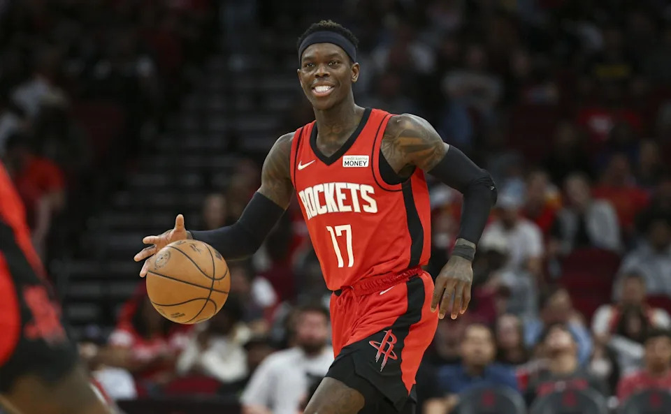 Mar 20, 2022; Houston, Texas, USA; Houston Rockets guard Dennis Schroder (17) brings the ball up the court during the third quarter against the Memphis Grizzlies at Toyota Center. Mandatory Credit: Troy Taormina-USA TODAY Sports