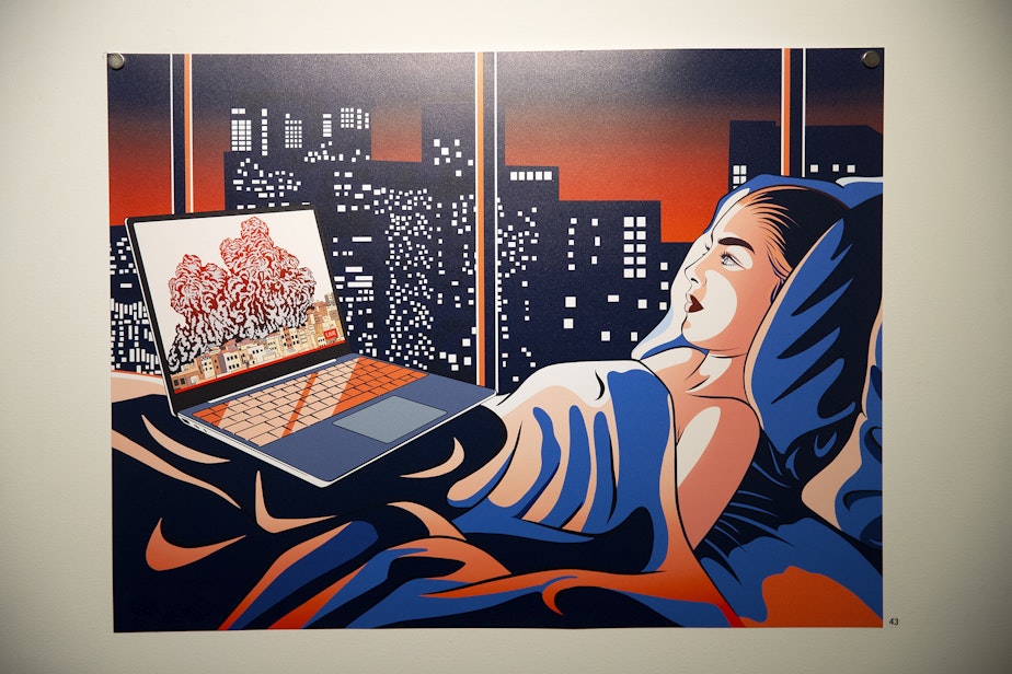 caption: Iranian artist Forouzan Safari’s work, "Imagined Freedom | Revealing Bodies Never Allowed to Be Seen," is exhibited on Wednesday, June 17, 2026, at ANTiPODE art gallery in Seattle’s Pioneer Square neighborhood.