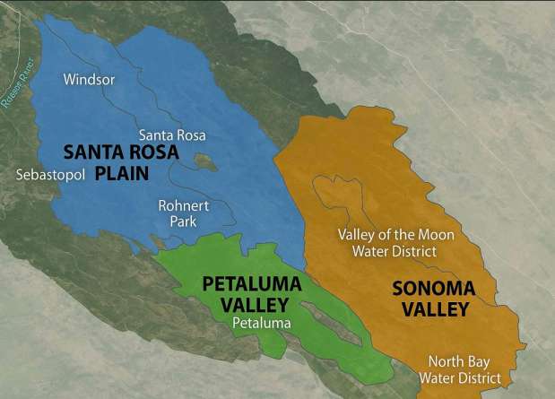 Map of Sonoma County showing the three major groundwater basinsSanta Rosa Plain (blue), Petaluma Valley (green), and Sonoma Valley (orange)along with key cities and water districts impacted by recent groundwater level declines. Cody Ransom illustration