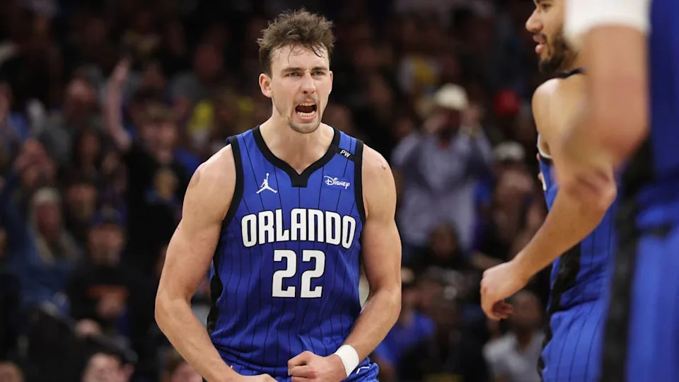 Orlando Magic forward Franz Wagner (22) reacts after a play against the <a class="link " href="https://sports.yahoo.com/nba/teams/la-lakers/" data-i13n="sec:content-canvas;subsec:anchor_text;elm:context_link" data-ylk="slk:Los Angeles Lakers;sec:content-canvas;subsec:anchor_text;elm:context_link;itc:0" data-yga="{"yLinkElement":"context_link","yModuleName":"content-canvas","yLinkText":"Los Angeles Lakers","ySubModuleName":"anchor_text","yHasCommerce":false}">Los Angeles Lakers</a> in the fourth quarter at Kia Center.Nathan Ray Seebeck-Imagn Images