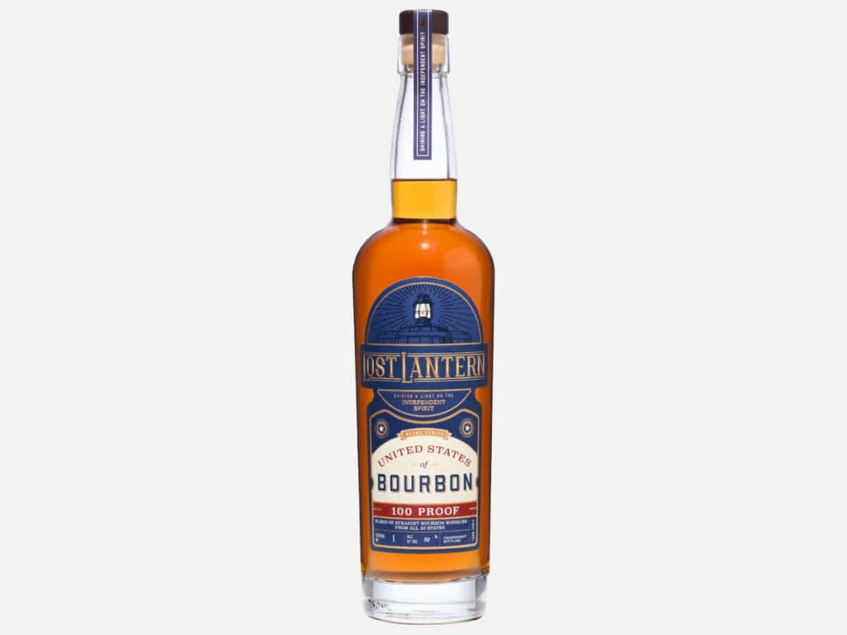 A bottle of lost lantern's united states of bourbon 100 proof