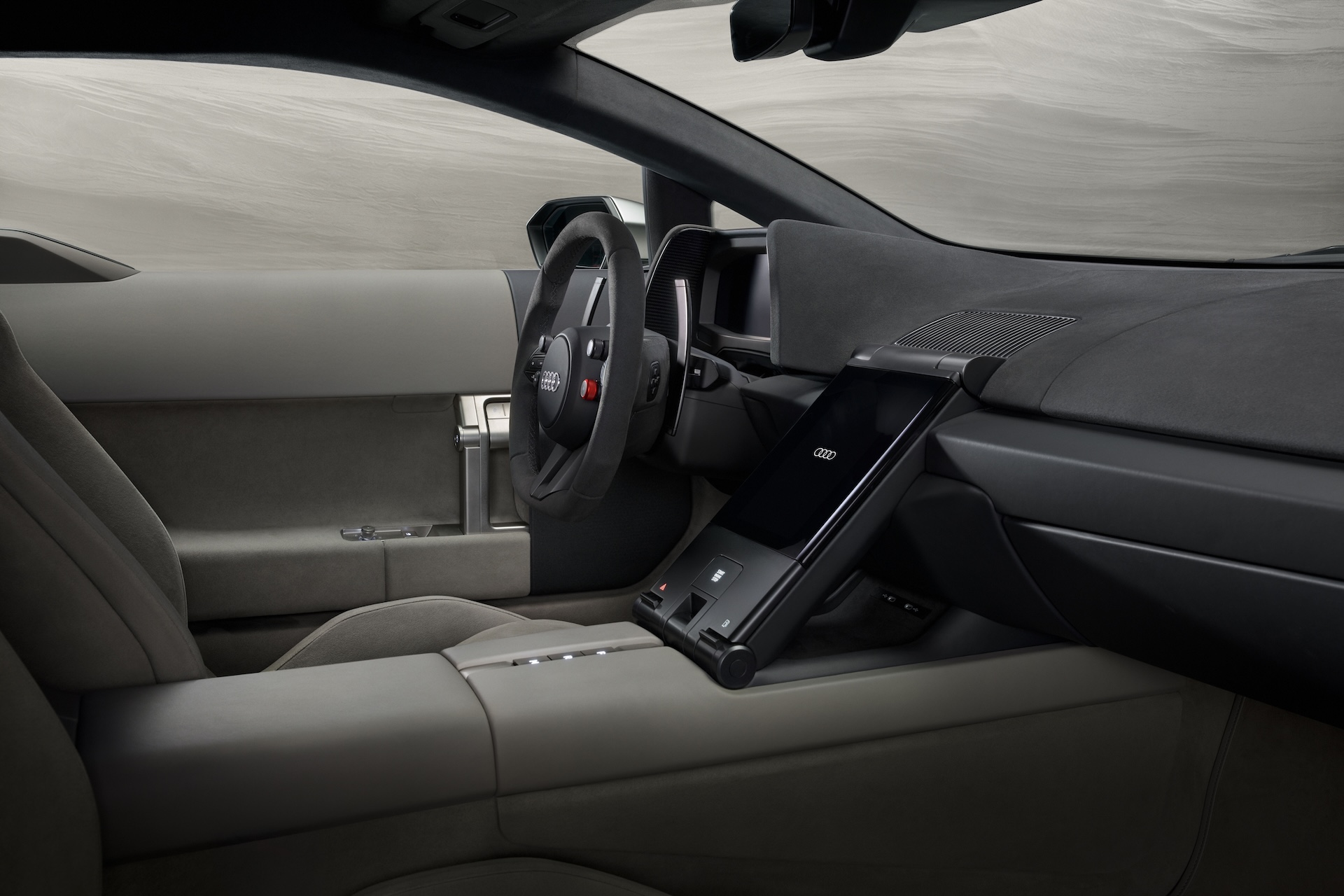 In-studio interior view, interior door, steering wheel, dashboard