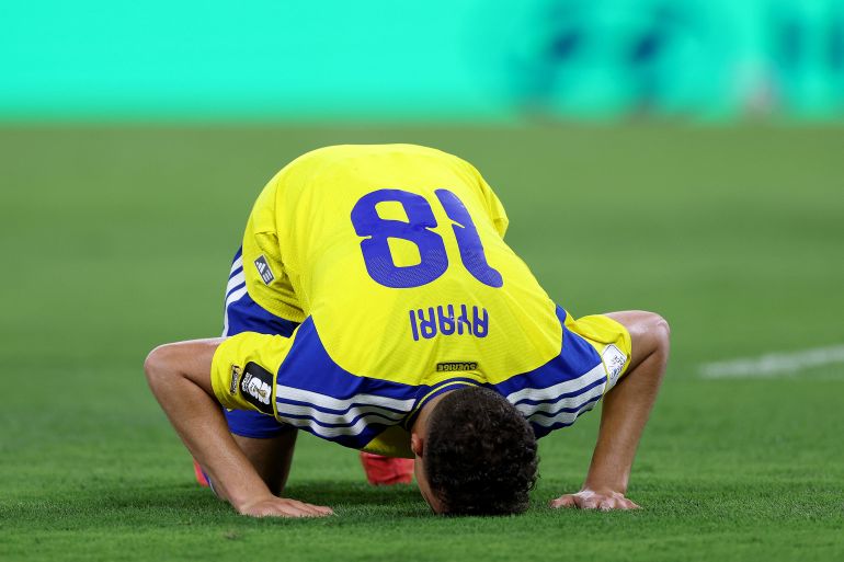 Sweden's midfielder #18 Yasin Ayari celebrates scoring his team's first goal during the 2026 World Cup Group F football match between Sweden and Tunisia at the Monterrey Stadium in Guadalupe on June 14, 2026. (Photo by Julio Cesar AGUILAR / AFP)