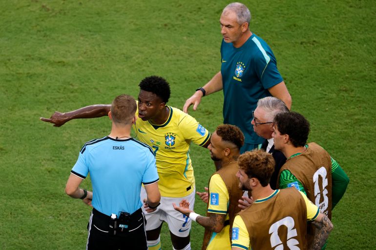 MIAMI GARDENS, FLORIDA - JUNE 24: Vinicius Junior #7 of Brazil reacts after his second goal was disallowed following a VAR review during the FIFA World Cup 2026 Group C match between Scotland and Brazil at Miami Stadium on June 24, 2026 in Miami Gardens, Florida. Michael Reaves/Getty Images/AFP (Photo by Michael Reaves / GETTY IMAGES NORTH AMERICA / Getty Images via AFP)