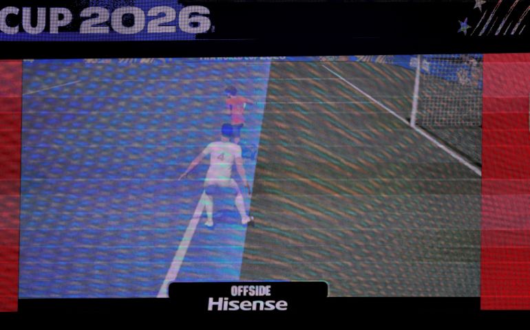 SEATTLE, WASHINGTON - JUNE 26: The video replay in the stadium shows Shoja Khalilzadeh #4 of IR Iran as offside when he scored the second goal which was then dissalowed during the FIFA World Cup 2026 Group G match between Egypt and IR Iran at Seattle Stadium on June 26, 2026 in Seattle, Washington. Richard Heathcote/Getty Images/AFP (Photo by Richard HEATHCOTE / GETTY IMAGES NORTH AMERICA / Getty Images via AFP)