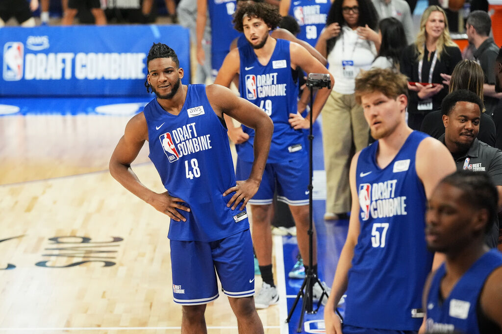 Zuby Ejifor (48) participates with in the NBA basketball draft combine in Chicago, Monday, May 11, 2026. (AP Photo/Nam Y. Huh)
