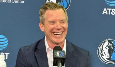 Dallas Mavericks coach Dusty May smiles while responding to a question during his introductory NBA basketball news conference in Dallas, Monday, June 29, 2026. (AP Photo/Schuyler Dixon)