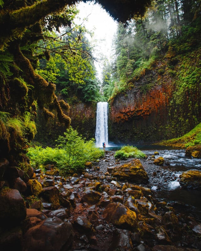 A person stands near the base of a tall, narrow waterfall cascading into a rocky pool, surrounded by lush green moss, ferns, and dense forest under a bright, misty sky.