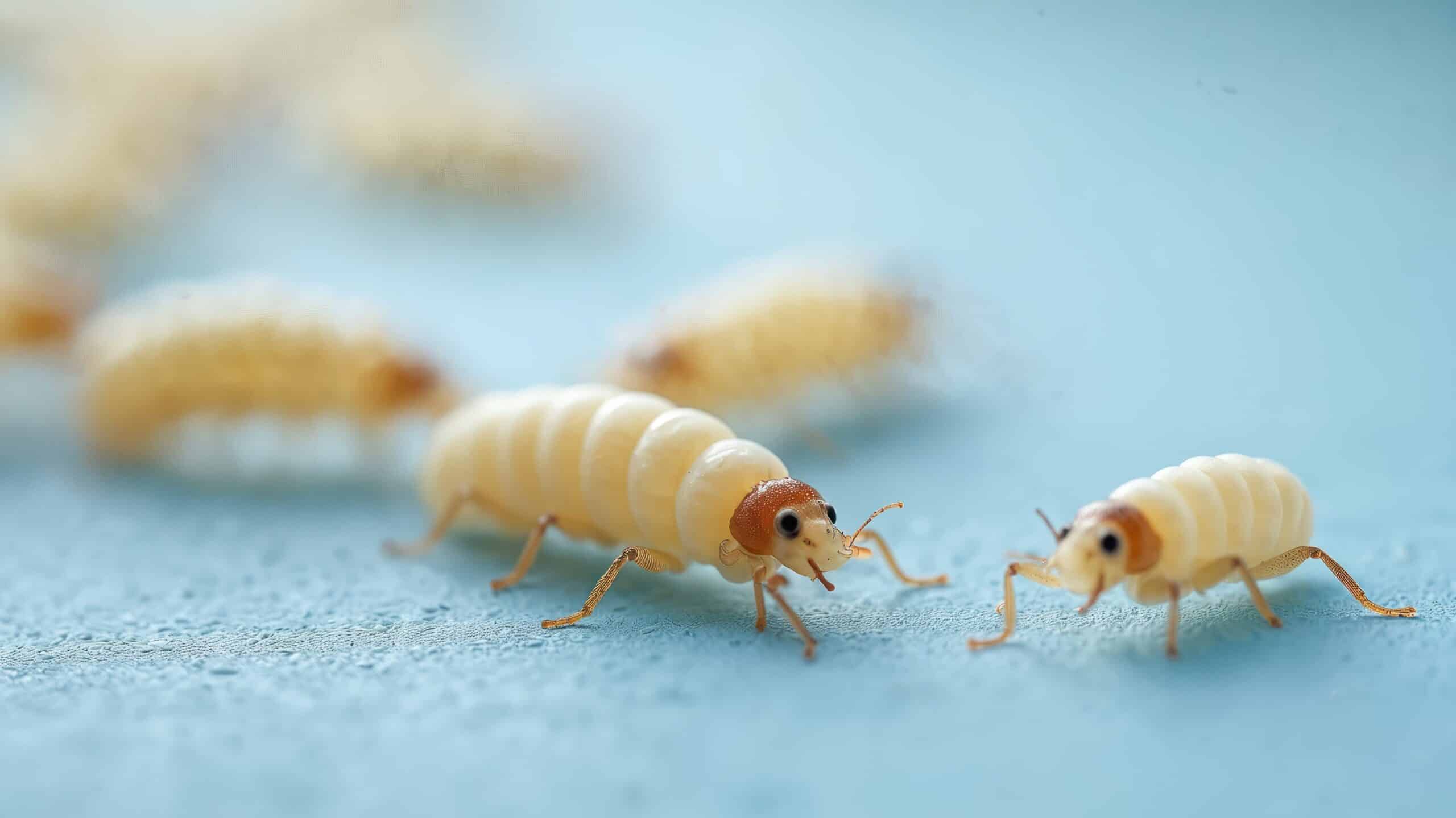 New world screwworm fly larvae crawl on blue surface. Insects have segmented bodies and visible legs with some out of focus in background.