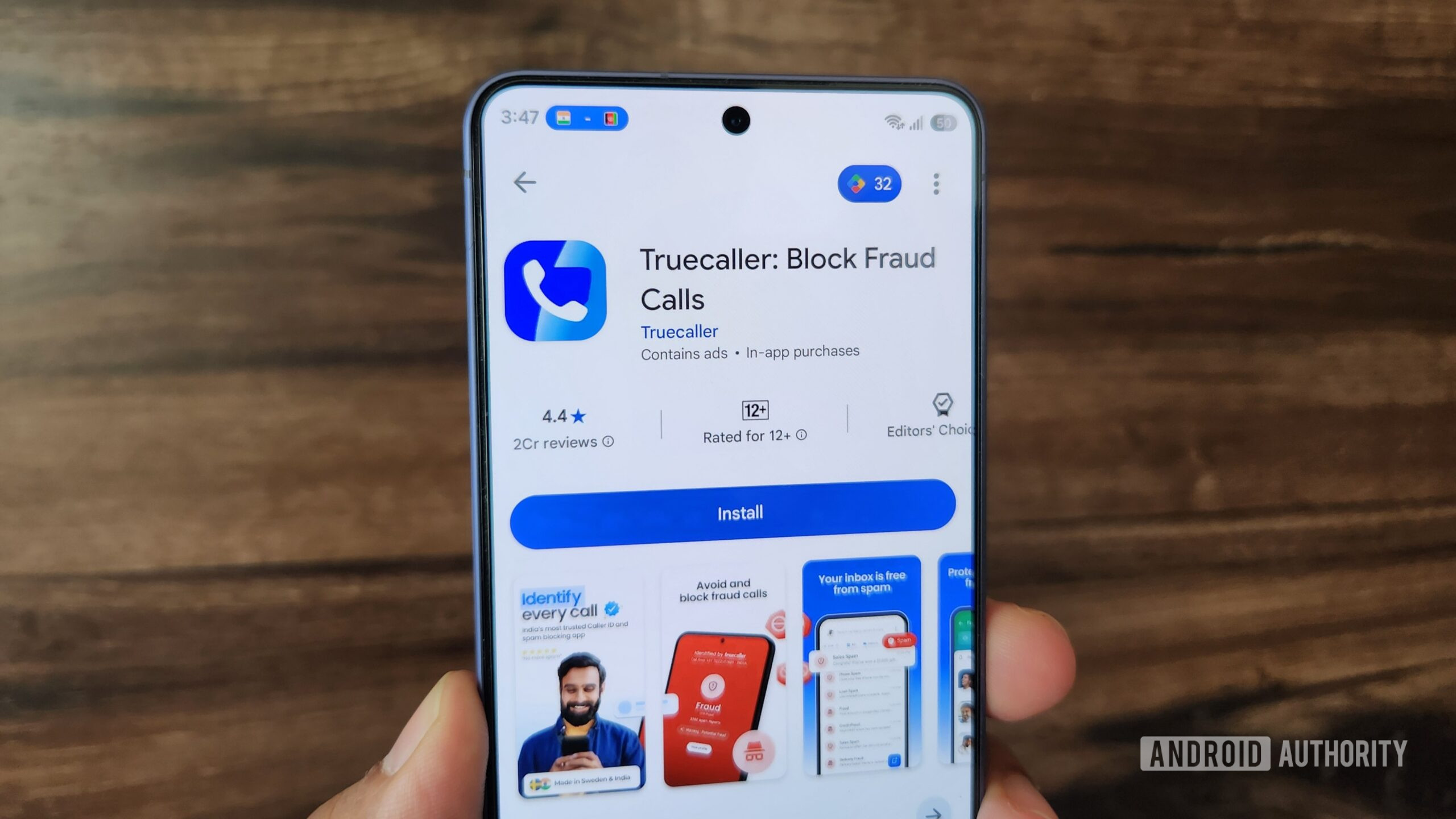 Android phone showing Truecaller app on play store