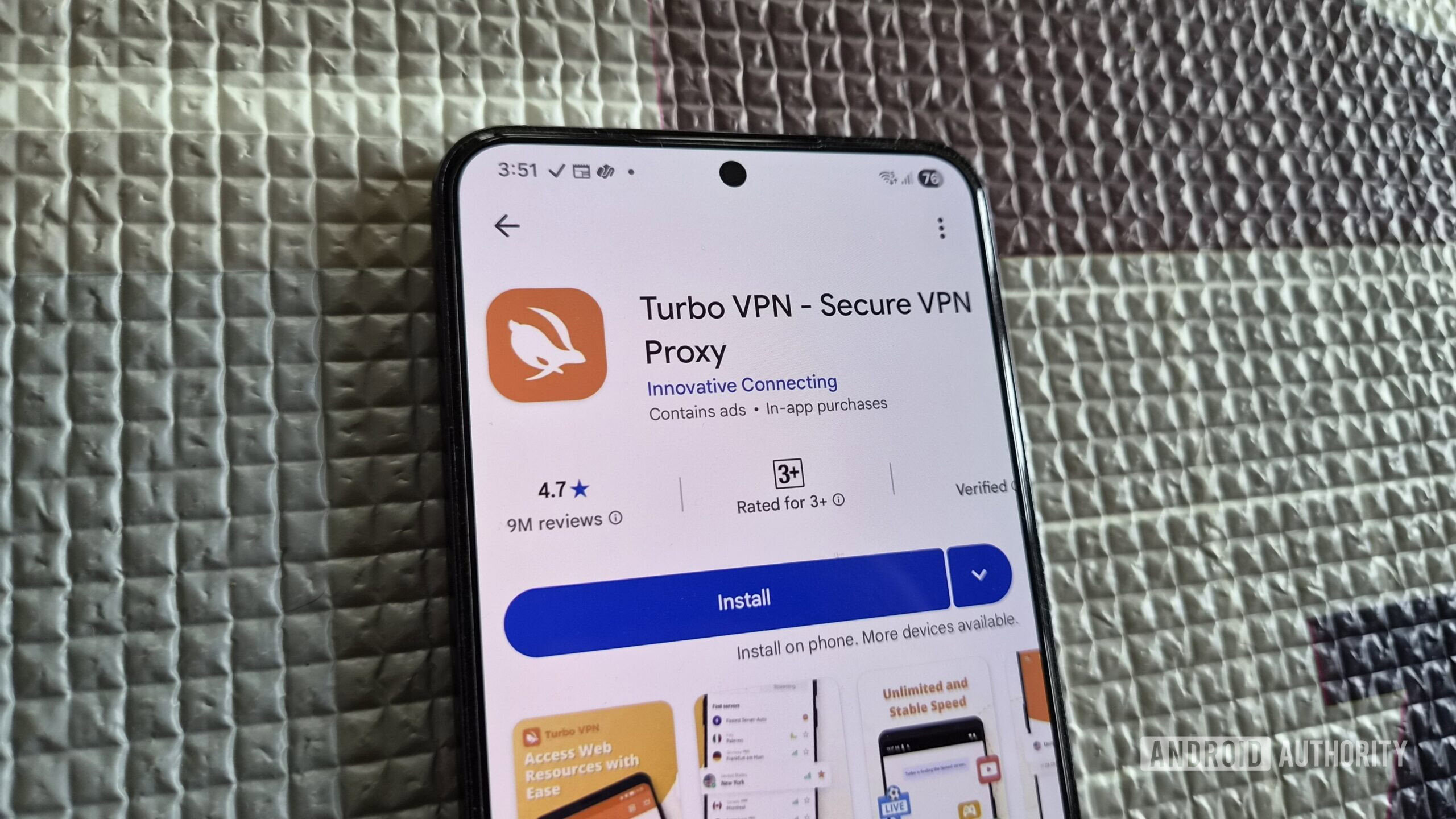 Android phone showing Turbo VPN app on Play Store