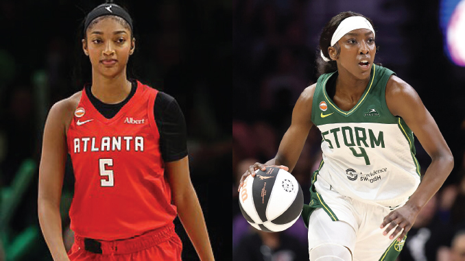 AngelReeseFlauJaeJohnson Two women basketball players side by side: left in red Atlanta jersey #5, right in green Storm jersey #4 holding a basketball on the move.