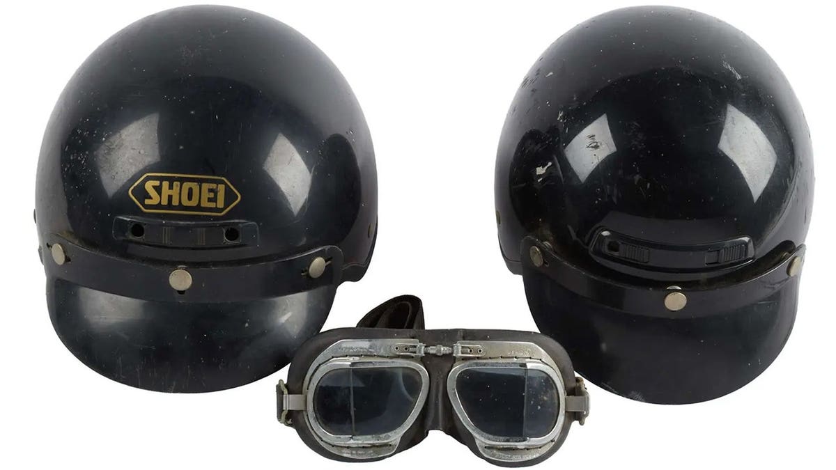 Ann-Margret's motorcycles helmets lined up.