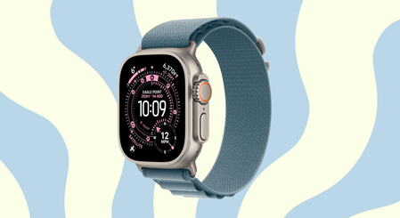 Apple Watch Ultra 3 on a swirled blue and cream background