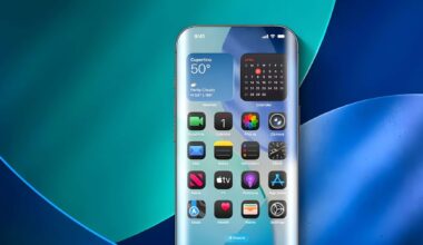 A smartphone with a bezel-less display shows a home screen featuring widgets such as weather in 'Cupertino 50°' and a calendar for April, alongside various app icons including FaceTime, Photos, and App Store.