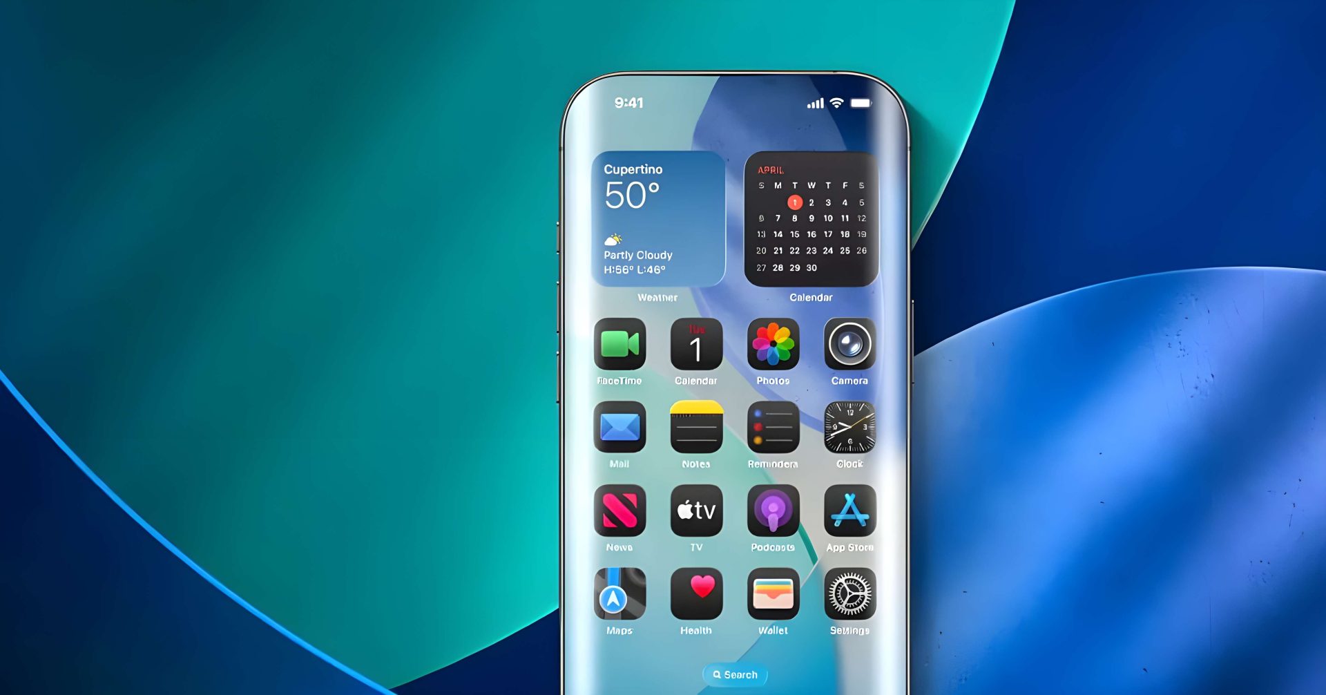 A smartphone with a bezel-less display shows a home screen featuring widgets such as weather in 'Cupertino 50°' and a calendar for April, alongside various app icons including FaceTime, Photos, and App Store.