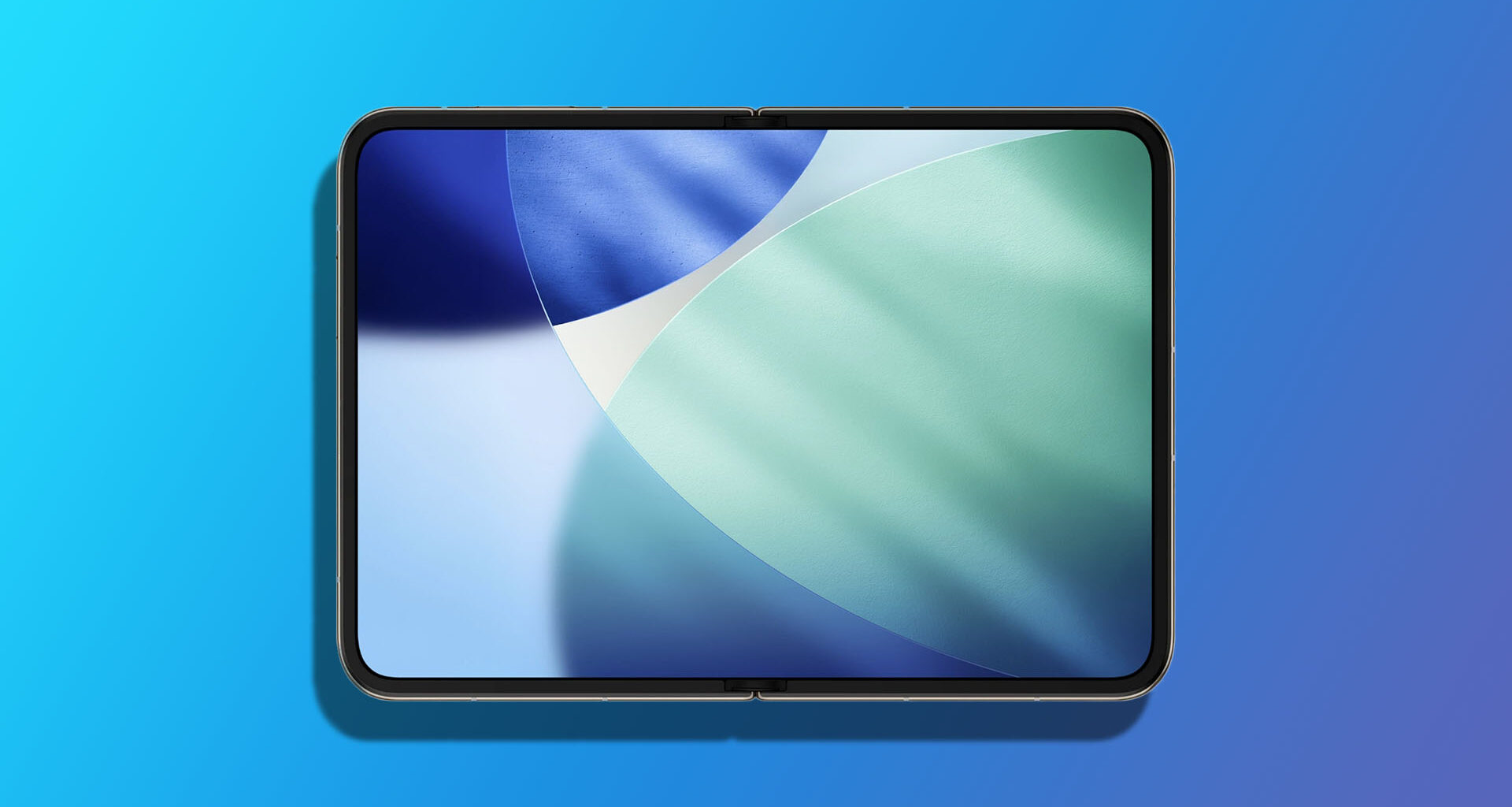 A foldable smartphone with a colorful abstract wallpaper displayed on its inner screen against a blue gradient background.