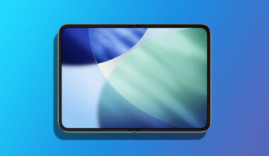 A foldable smartphone with a colorful abstract wallpaper displayed on its inner screen against a blue gradient background.