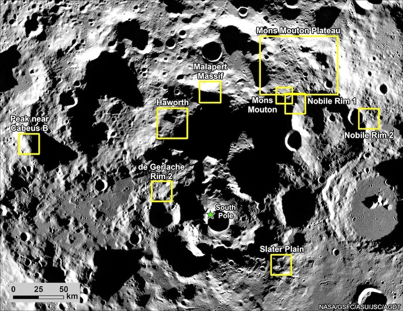 Black and white image of cratered terrain seen from above, with 9 labeled yellow squares scattered around.