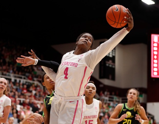 STANFORD, CALIFORNIA - FEBRUARY 24: Stanford's Nadia Fingall (4) grabs a rebound against Oregon in the fourth quarter at Maples Pavilion in Stanford, Calif., on Monday, Feb. 24, 2020. (Nhat V. Meyer/Bay Area News Group)