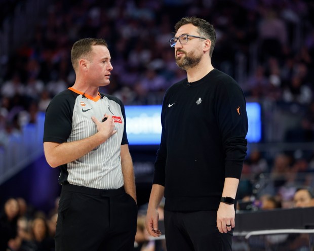 New York Liberty head coach Chris DeMarco talks to a referee during their game against the Golden State Valkyries in the third quarter at the Chase Center in San Francisco, Calif., on Sunday, June 28, 2026. (Nhat V. Meyer/Bay Area News Group)
