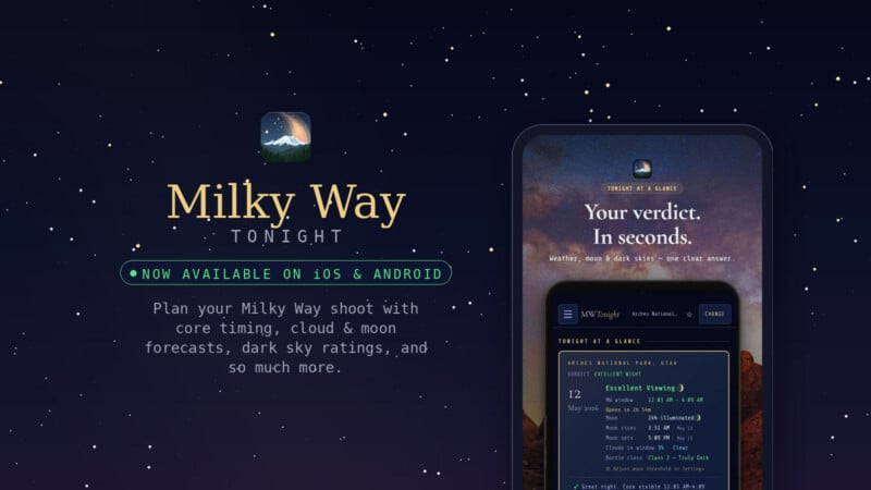 Promotional image for the "Milky Way Tonight" app, showing a starry night sky background, app logo, and text about its availability on iOS & Android for planning Milky Way photography shoots with forecasts and ratings.
