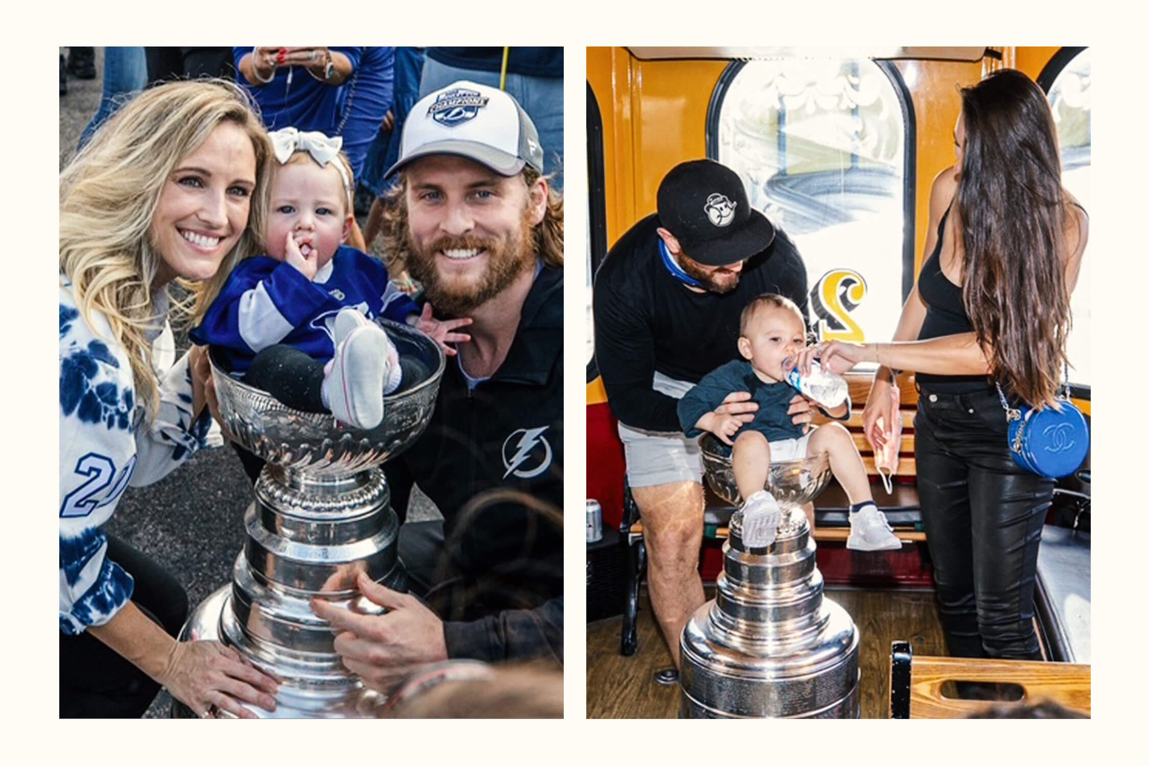 A shot of the Lightning's Blake Coleman next to daughter Carson in the Cup in 2021, alongside one of Tampa's Kevin Shattenkirk and son Connor in 2021.